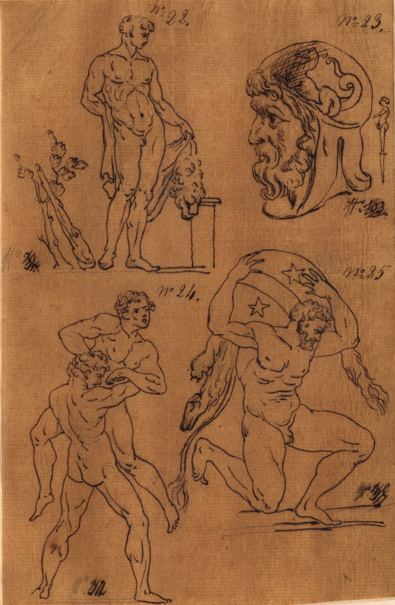 Hercule jeune ; tête de guerrier et terme ithyphallique ; Hercule et Antée ; Hercule ou Atlas