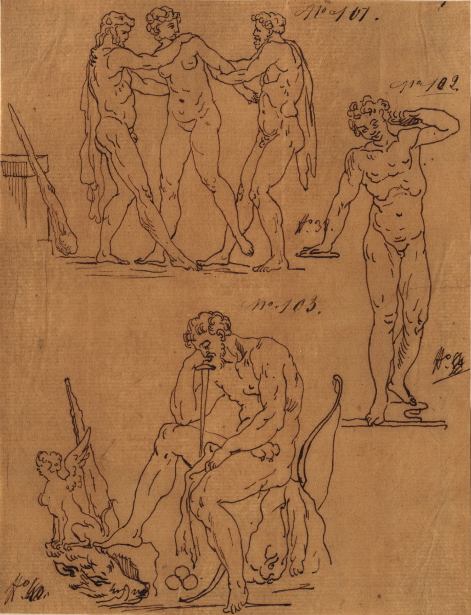 Hercule retirant sa femme Mégare des mains de Lycus, roi de Thèbes ; Satyre avec cymbales et scabellum ; Hercule au repos