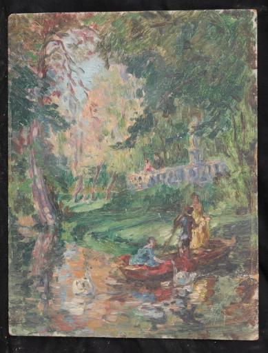 Personnages dans des barques sur une rivière avec des cygnes