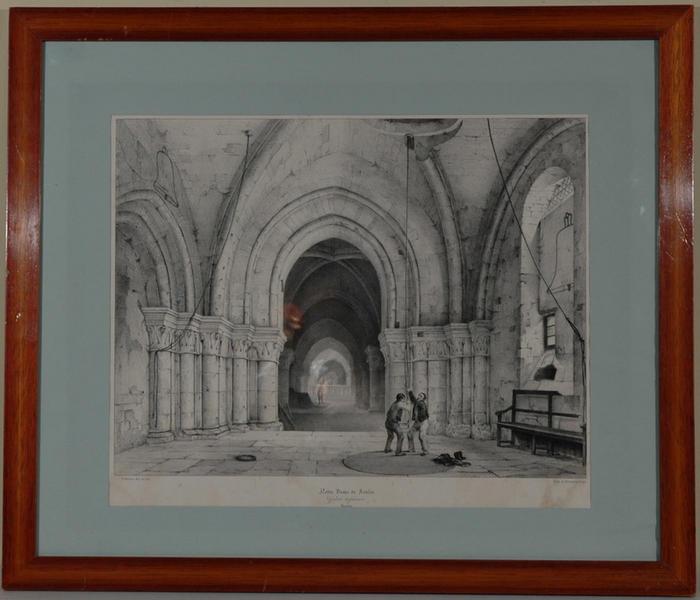 Vue intérieure de la cathédrale Notre-Dame de Senlis ; sonneurs de cloches (titre factice)