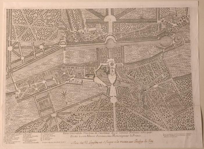 Vue du château de Chantilly et de ses canaux, fontaines et bosquets