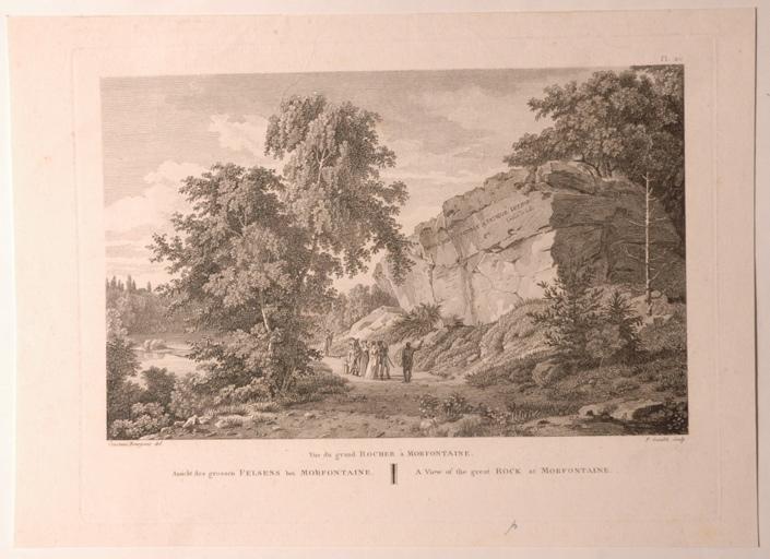 Vue du grand Rocher avec l'inscription de l'abbé de Lille à Mortefontaine (Oise) (titre factice)