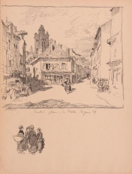 La place de la Halle vers l'église Saint-Pierre, Senlis (titre factice)