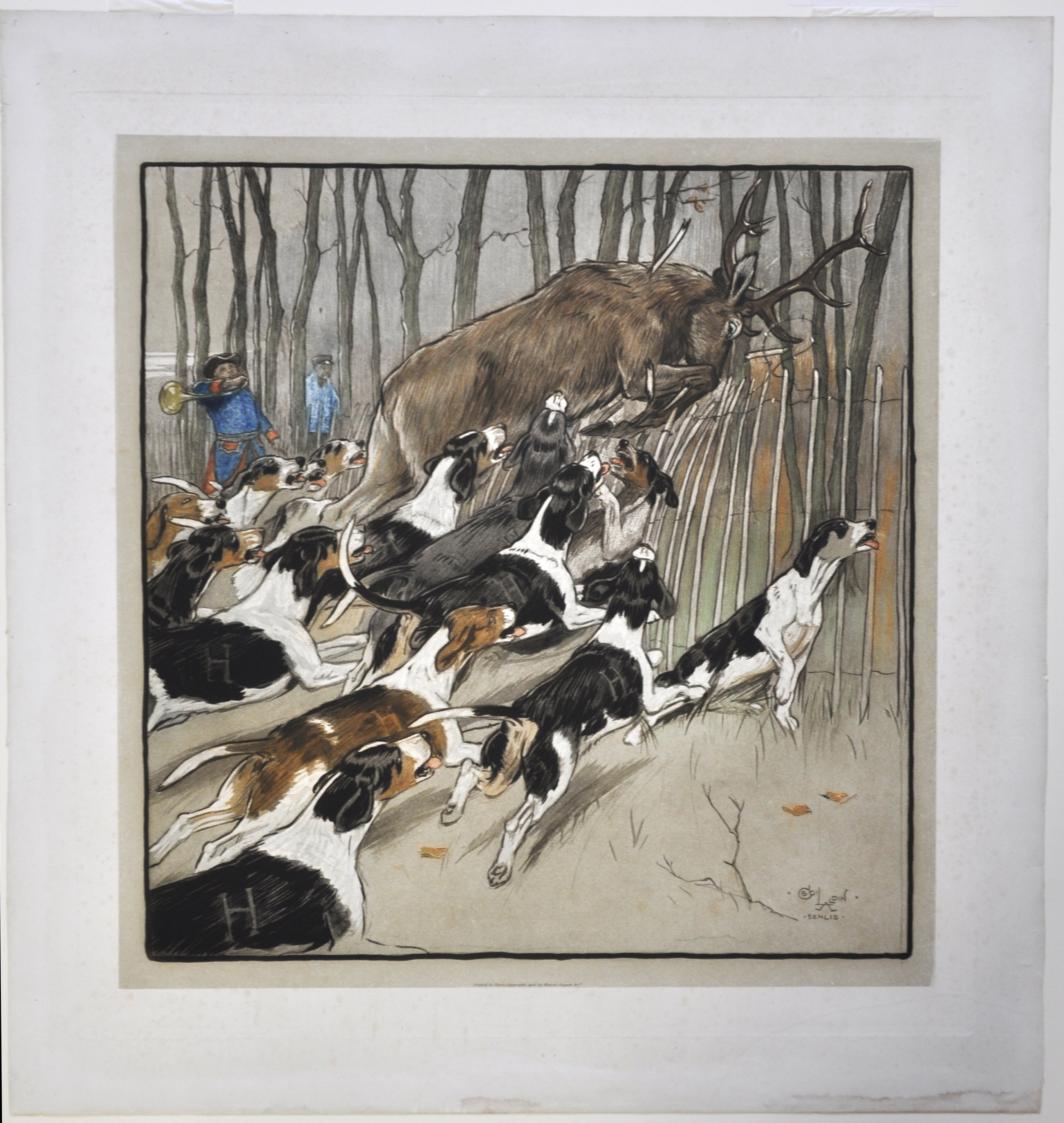 Chasse de l'équipage Lyons - Halatte, cerf sautant une clôture