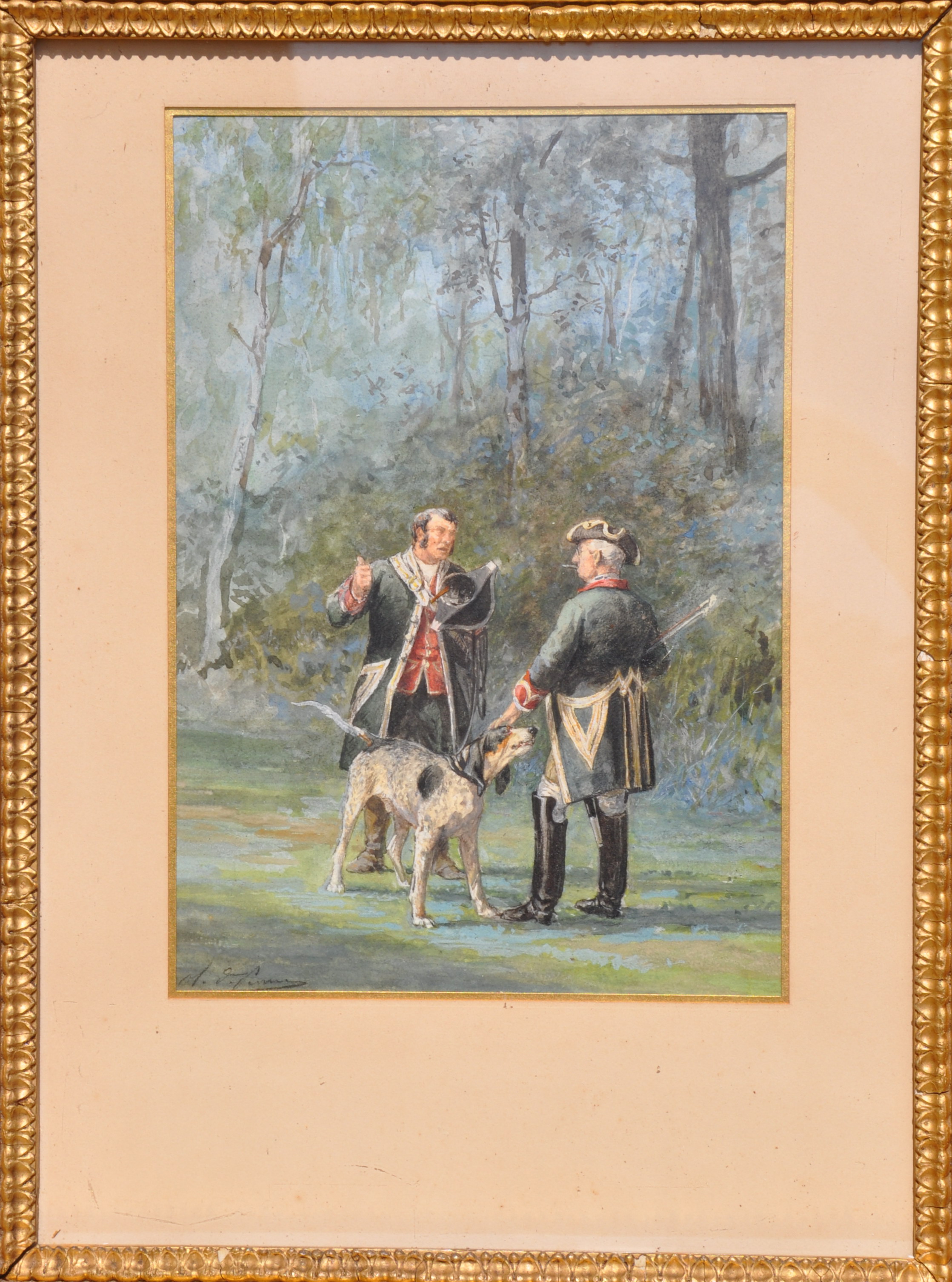 Piqueux de la vénerie impériale faisant son rapport au baron Lambert, capitaine des chasses de Napoléon III (titre factice)