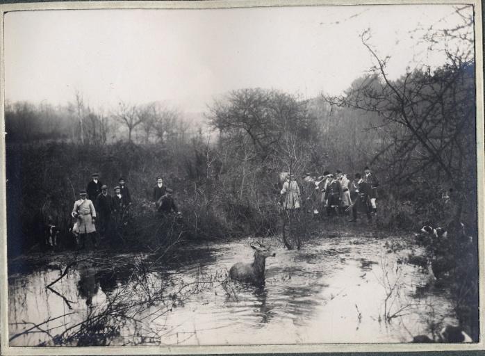 Photographie d'un album en maroquin vert comprenant 24 photographies : Equipage Par Monts et Vallons, bat l'eau