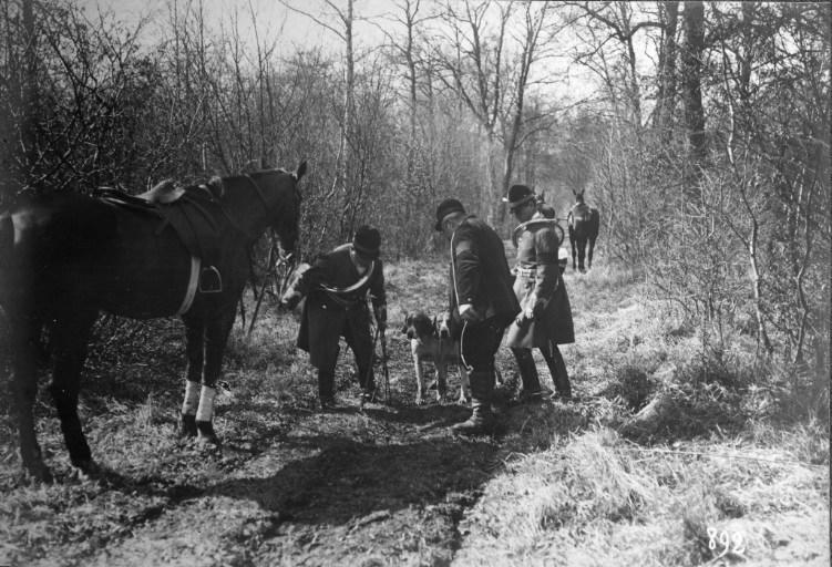 Photographie extraite d'un album de 56 photographies : équipages Chantilly et Par Monts et Vallons. Veneurs regardant les volcelets
