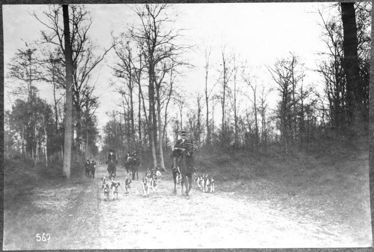 Photographie extraite d'un album de 32 photographies : équipage du duc de Chartres, Chantilly. Veneurs et la meute