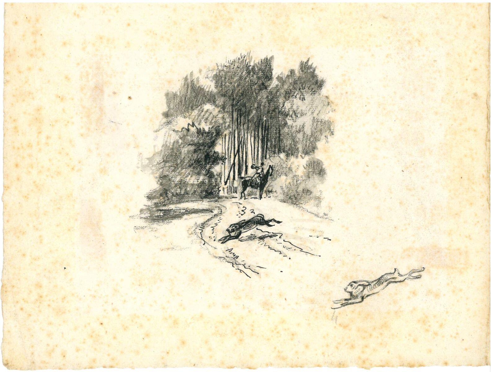 Veneur débuchant des lièvres