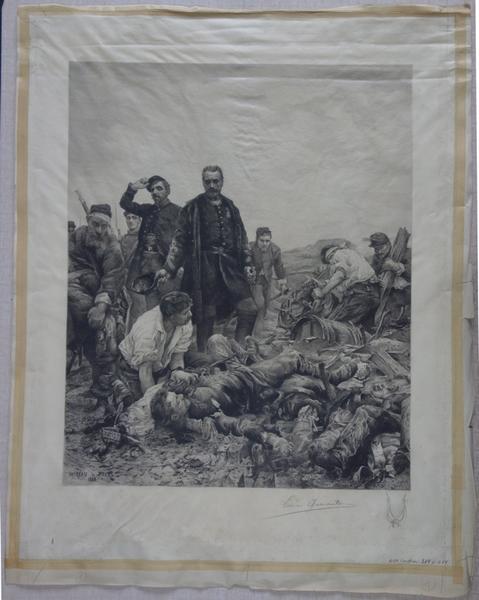 Le drapeau ; Scène de guerre : reconnaissance, hommage des vivants pour les morts