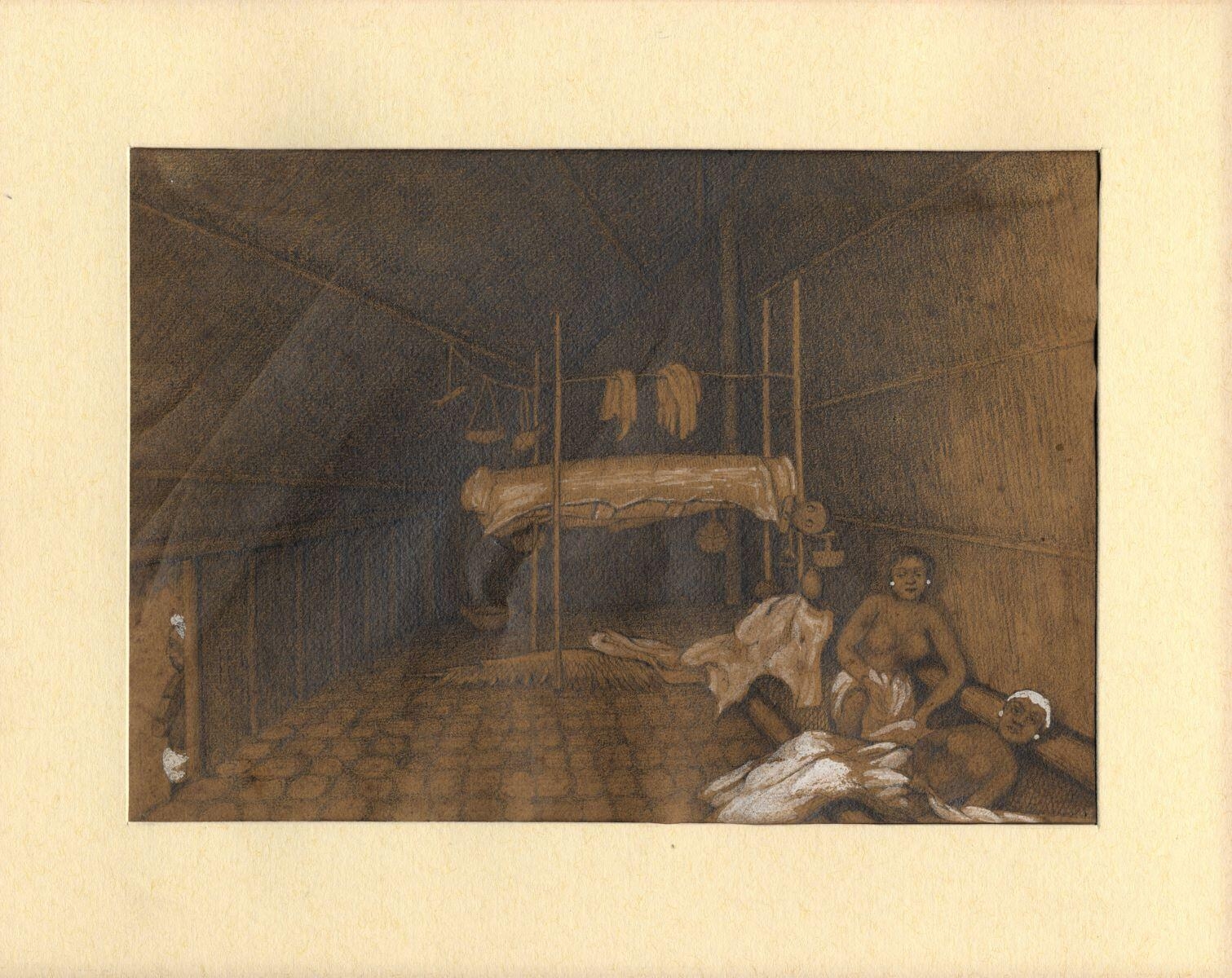 Intérieur de la case du Grand-prêtre Vékétou. (Vallée de Pakiou, à Nuku-hiva).