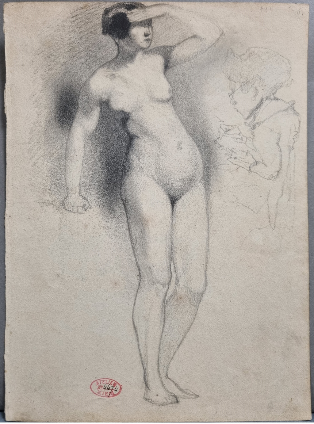 Académie de femme et caricature d'homme dessinant