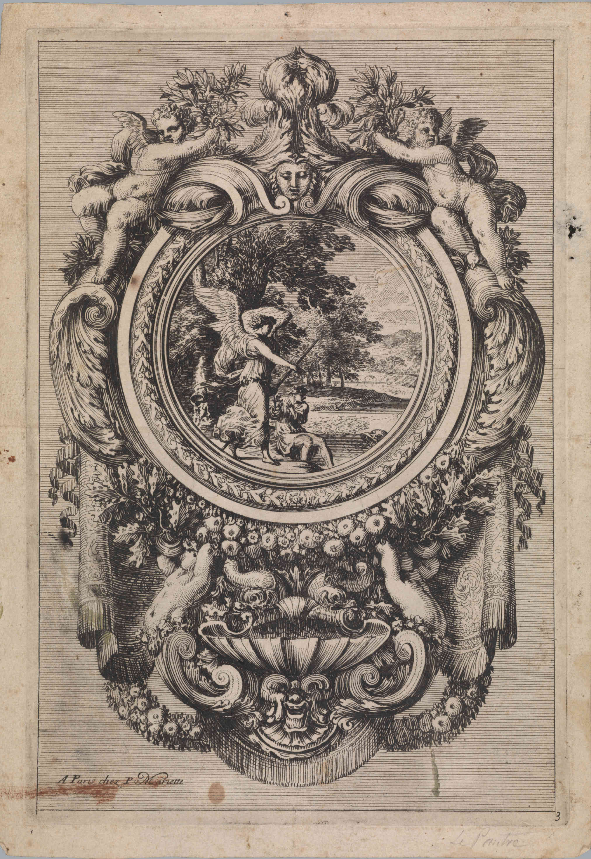 Gravure d'ornement avec scène biblique