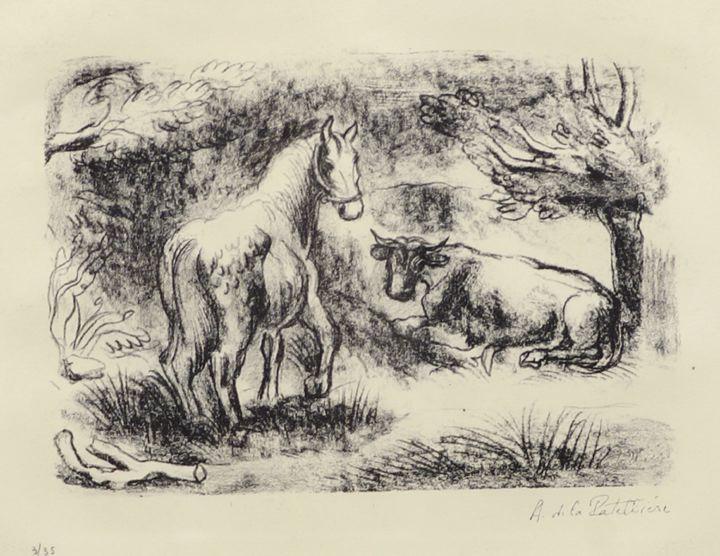 Cheval et vache sous les arbres