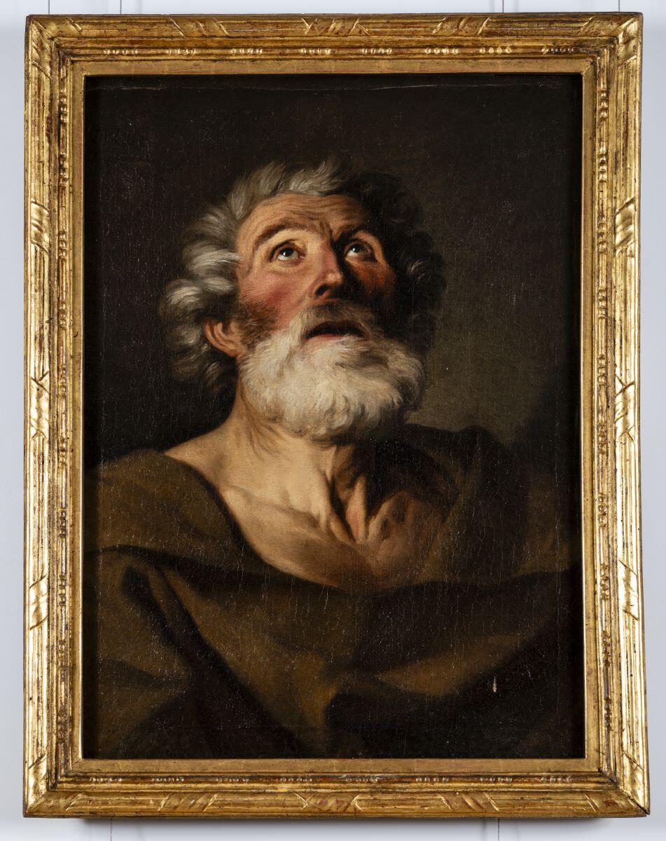 Homme barbu en buste, de face, levant les yeux au ciel ; Saint Pierre en extase