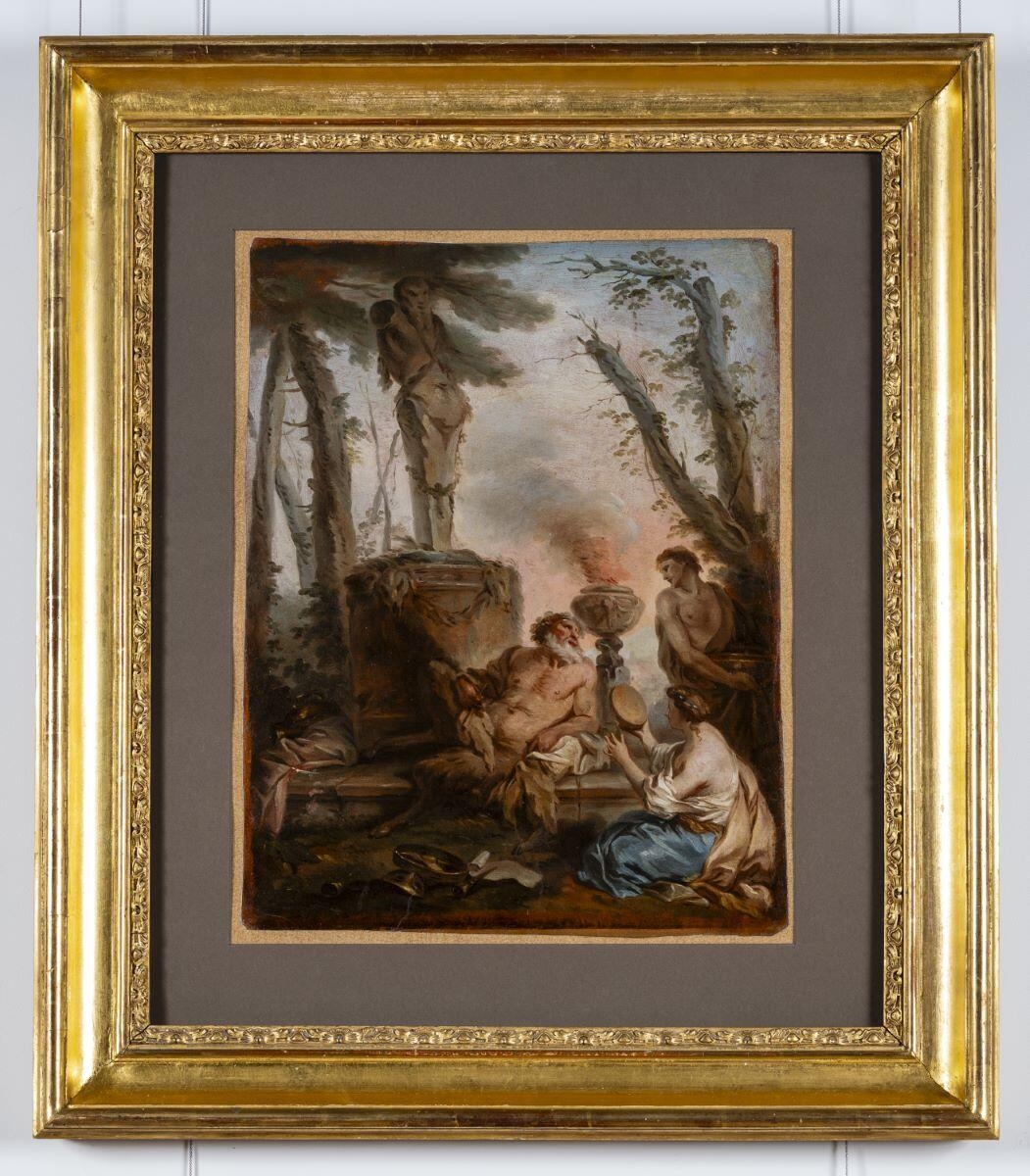 Silène et Bacchante ; Sacrifice à Pan (registre d'inventaire) ; Silène et nymphes, école de Boucher (Ancien titre, cartel) ; Etudes de personnages (revers)