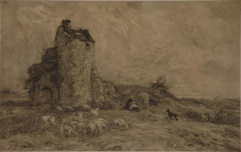 Bergère et son troupeau près d'une ruine
