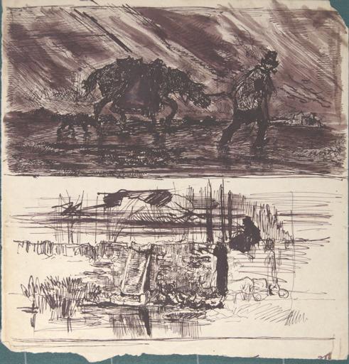 Etude d'homme et son cheval sous un orage (en haut). Etude de gardienne d'oies (en bas)
