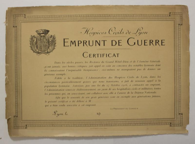 Hospices Civils de Lyon - Emprunt de Guerre - Certificat