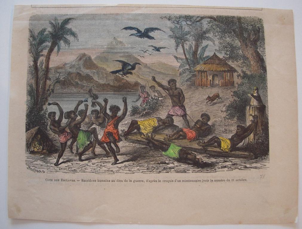 Côte des esclaves. Sacrifices humains au dieu de la guerre, d'après le croquis d'un missionnaire. (titre inscrit)
