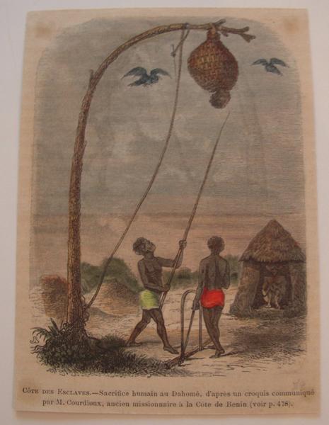 Côte des esclaves. Sacrifices humains au Dahomé, d'après un croquis communiqué par M. Courdioux, ancien missionnaire à la Côte de Bénin. (titre inscrit)