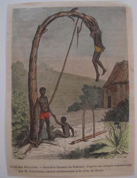 Côte des esclaves. Sacrifices humains au Dahomé, d'après un croquis communiqué par M. Courdioux, ancien missionnaire à la Côte de Bénin. (titre inscrit)
