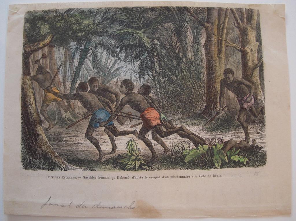 Côtes des Esclaves. Sacrifice humain au Dahomé, d'après le croquis d'un missionnaire à la Côte du Bénin. (titre inscrit)
