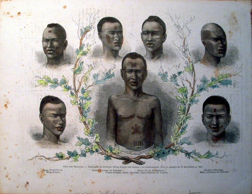 Côte des Esclaves. Tatouages de diverses tribus d'après les dessins d'un missionnaire. (titre inscrit)