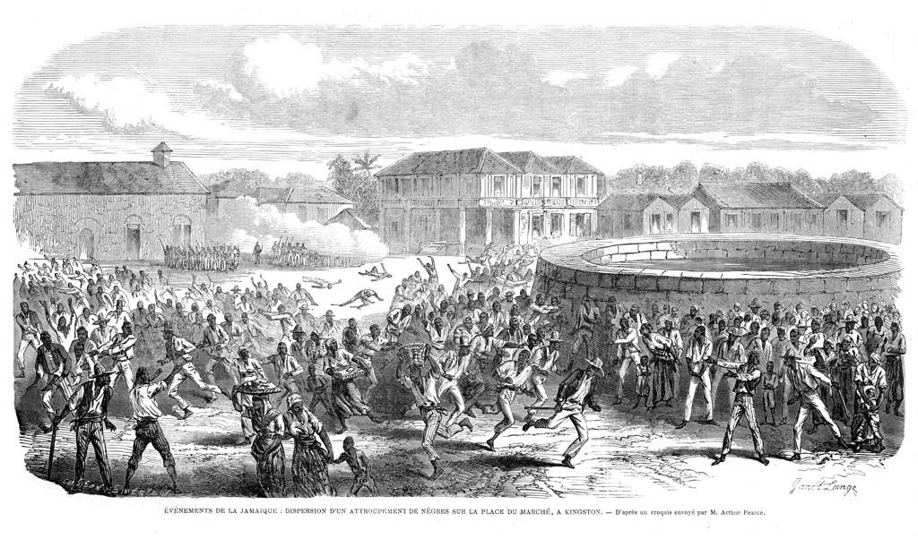 Evènements de la Jamaïque : dispersion d'un attroupement de nègres sur le place du marché, à Kingston. (titre inscrit)