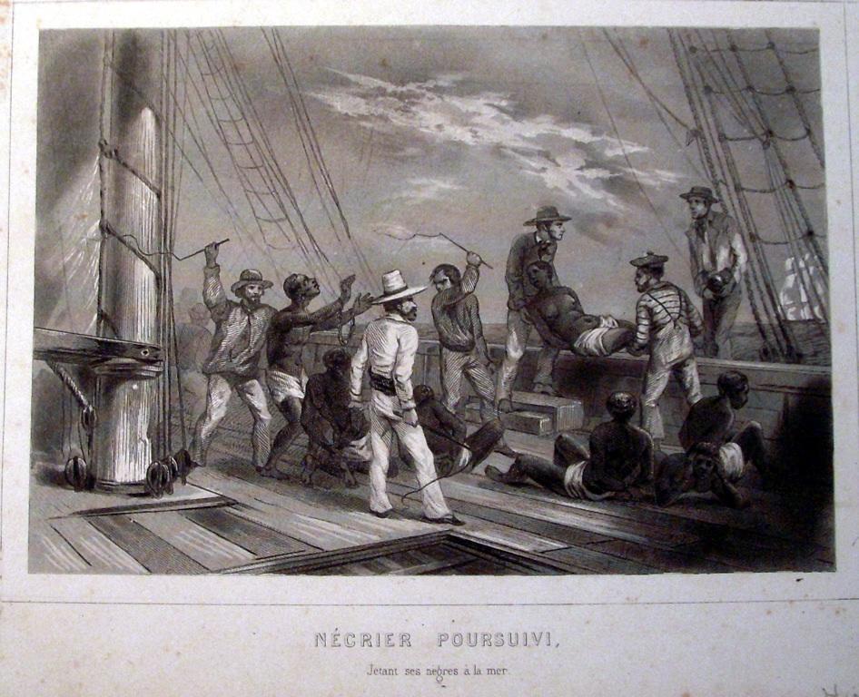 Négrier poursuivi, jetant ses nègres à la mer. (titre inscrit)