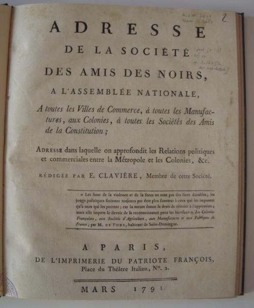 Adresse de la Société des Amis des Noirs à l'Assemblée Nationale