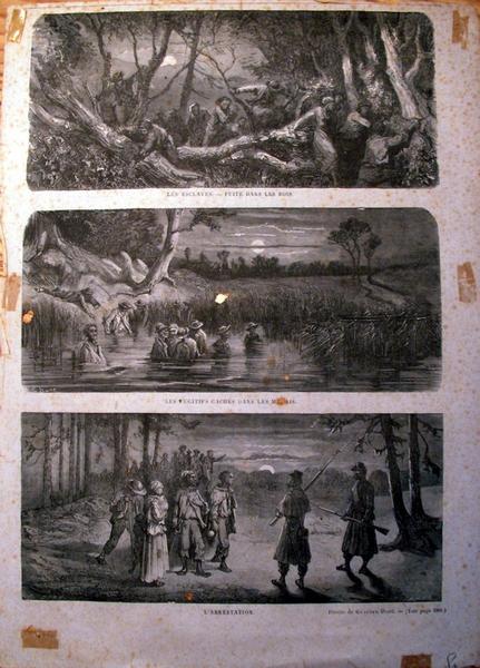 Les esclaves. Fuite dans les bois. / Les fugitifs cachés dans les marais. / L'arrestation. (titre inscrit)