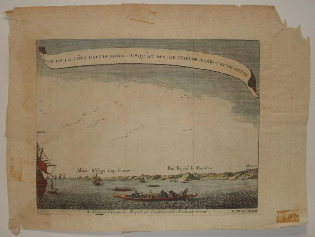 Vue de la côte depuis Mina jusqu'au Maure tirée de Barbot et de Smith / Nègres de Mansro qui conduisent des esclaves à bord (titre inscrit)