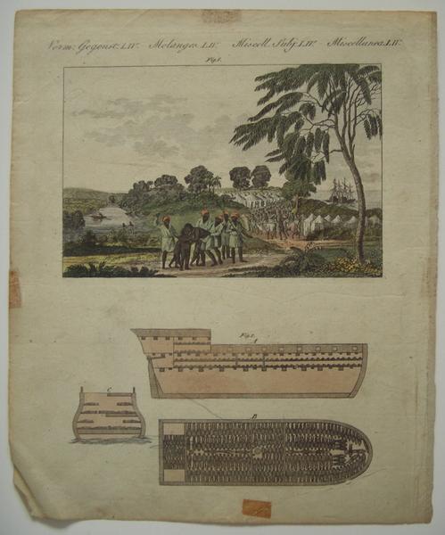 Acheminement de captifs africains vers des navires négriers et coupe de négrier (titre factice)
