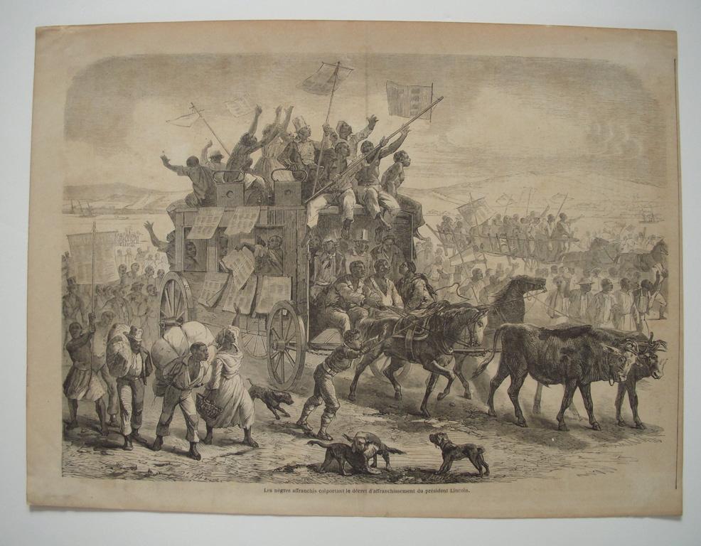 Les nègres affranchis colportant le décret d'affranchissement du président Lincoln (titre inscrit)