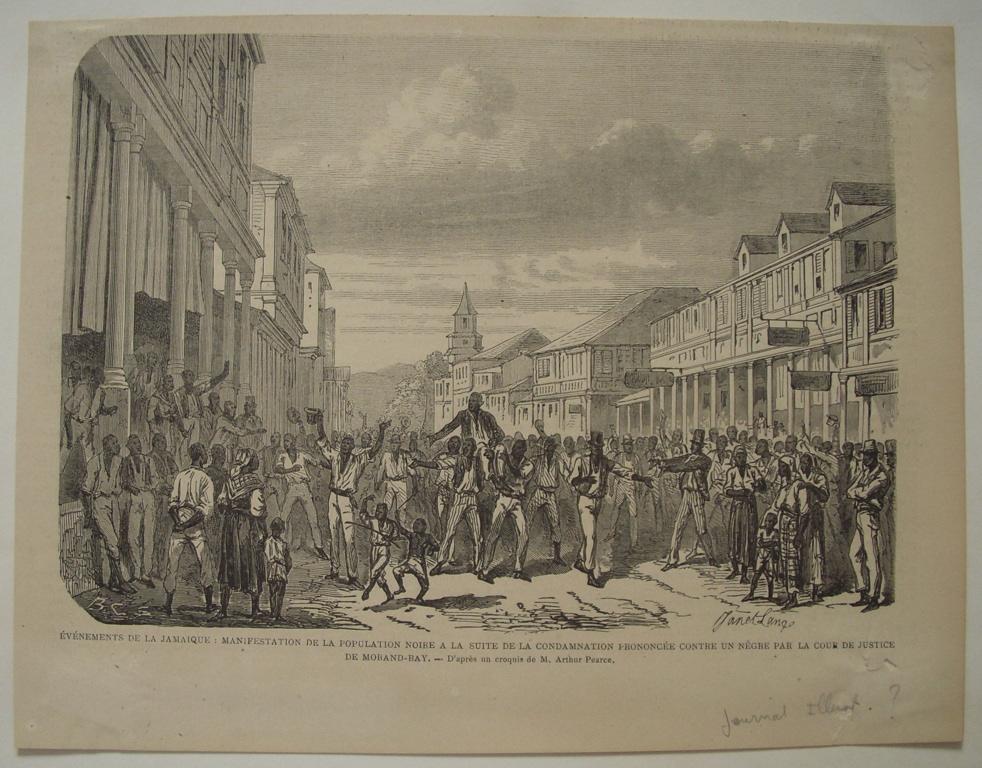 Evénements à la Jamaïque : manifestation de la population noire à la suite de la condamnation prononcée contre un nègre par la cour de justice de Morand-Bay (titre inscrit)