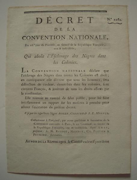 Décret de la convention nationale du 16e jour de Pluviôse, an second de la République Française, une et indivisible, qui abolit l'Esclavage des Nègres dans les Colonies. (feuillet, titre inscrit)