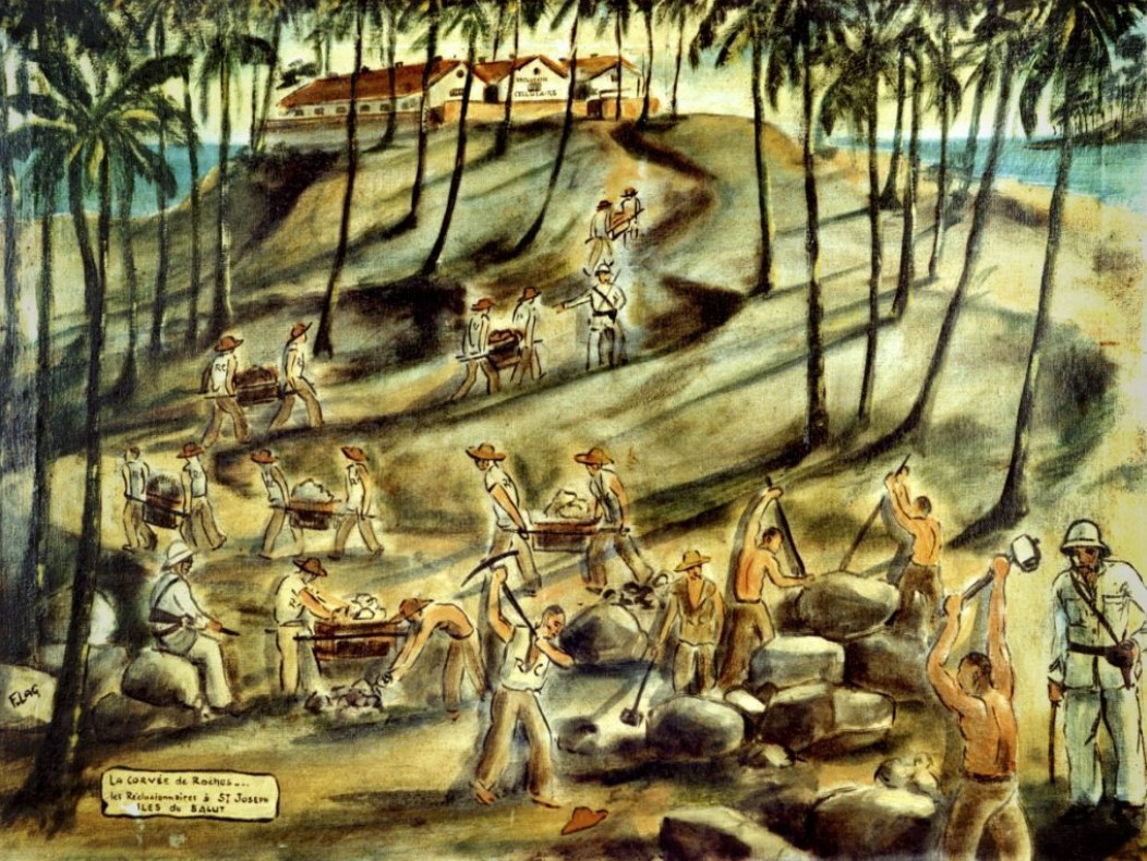 La corvée de roche. Les réclusionnaires à Saint Joseph. Iles du Salut.