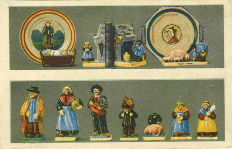 AUVERGNE. Décors d'André Galland - Plat à gâteau G.40 Presse-papier la belle famille G20 Serre-livres cheminée Bonbonnière berceau Frileuses G10 Ht 11 et 14 cm Auvergnat au cochon Sujets auvergnats 10 et 14 cm