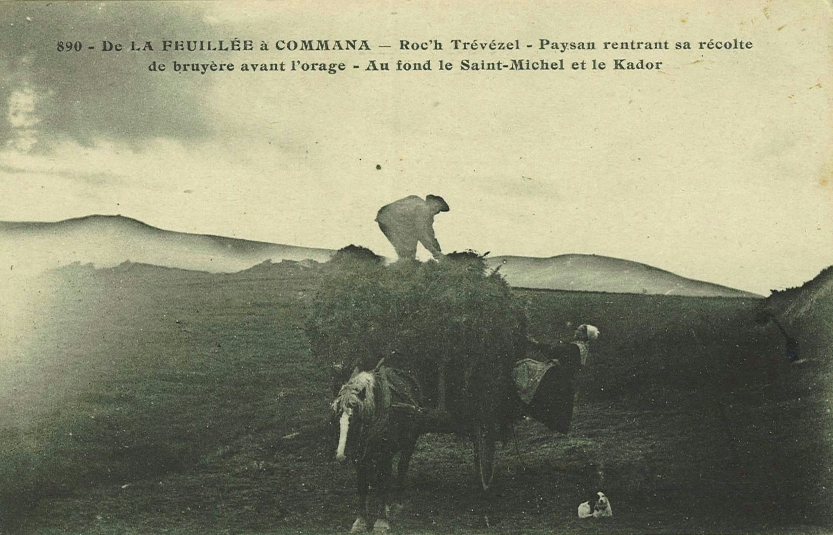 De La Feuillée à Commana  - Roc’h Trévézel Paysan rentrant sa récolte de bruyère avant l’orage Au fond le Saint-Michel et le Kador