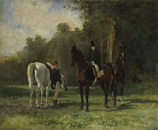 VALETS D'ECURIE PROMENANT LES CHEVAUX AUX BEAUX-MONTS