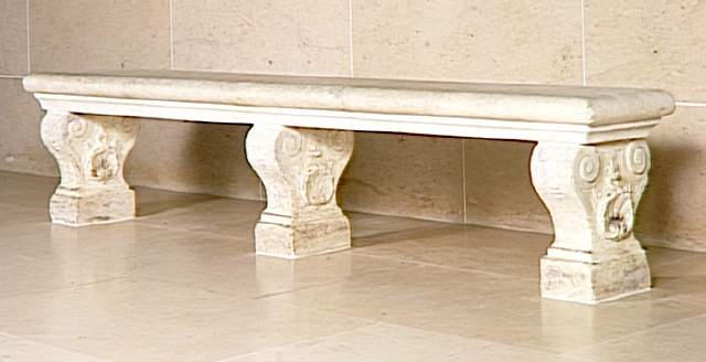 SEPT BANCS, CHACUN COMPOSE DE TROIS PIEDS ORNES DE COQUILLES ET D'UNE PLAQUE DE MARBRE