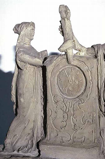 Un jeune homme et une jeune femme de part et d'autre d'une stèle (projet de pendule)