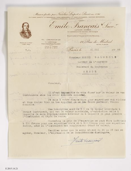 Lettre d'Emile Français à "Monsieur MARIUS BALMELLE / LAUREAT de L'INSTITUT / Boulevard du SOUBEYRAN /MENDE / LOZERE" et son enveloppe