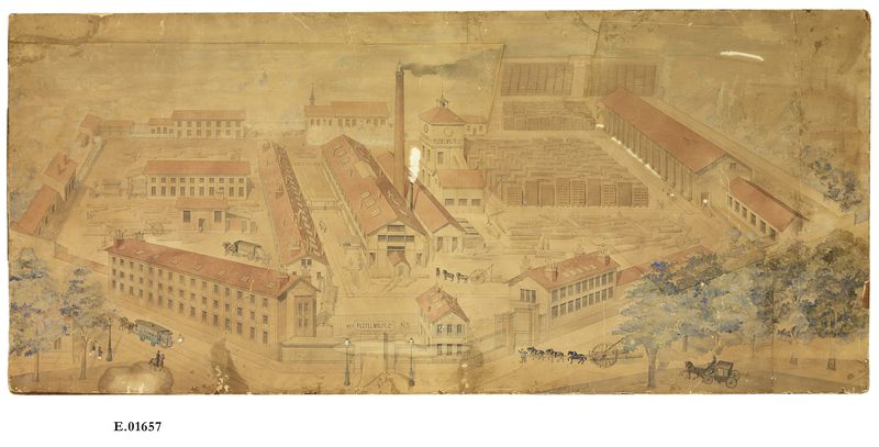 Dessin représentant l'usine Pleyel, Wolff et Cie
