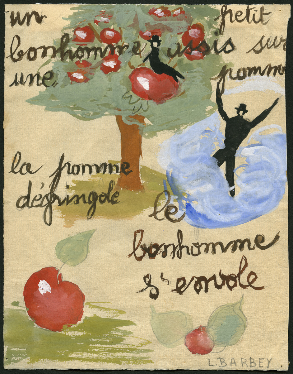 Un petit bonhomme assis sur une pomme