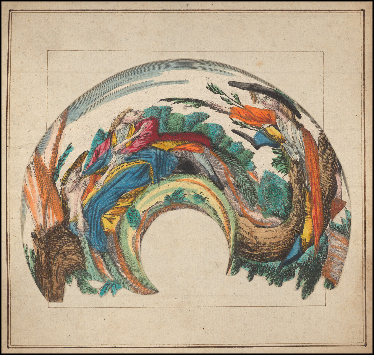 Planche d'anamorphose : couple batifolant observé