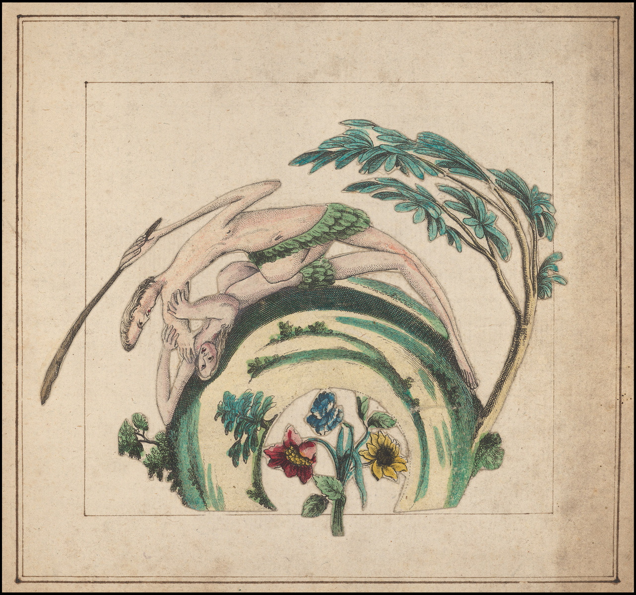 Planche d'anamorphose : homme battant une femme