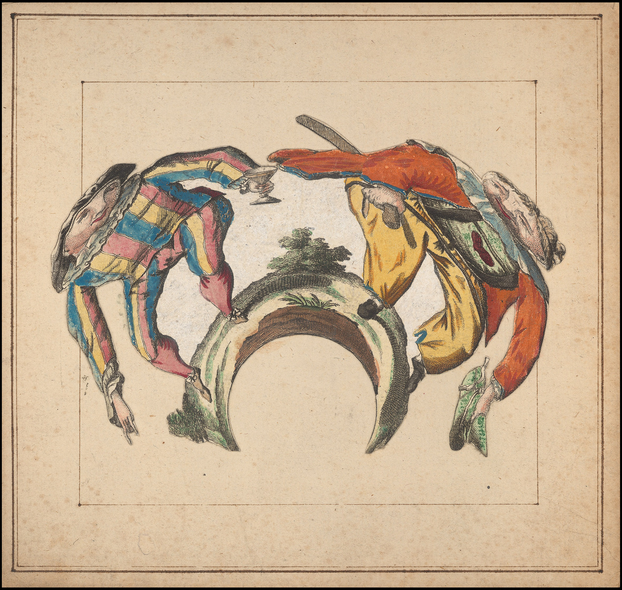 Planche d'anamorphose : personnages de la commedia dell'arte