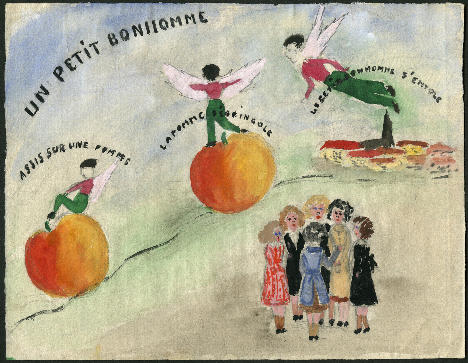 Un Petit bonhomme assis sur une pomme